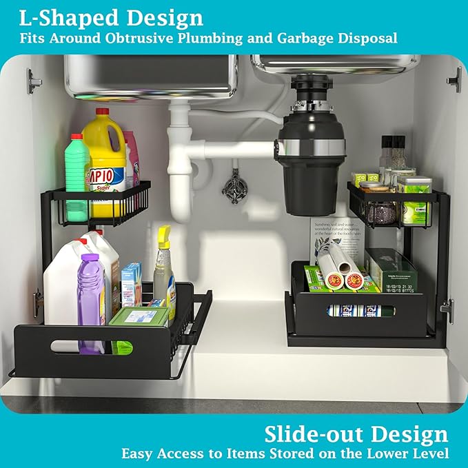 REALINN Under Sink Organizer, L-Shaped 2 Tier Pull Out Cabinet Organizer for Kitchen and Bathroom, Slide Out Under Cabinet Storage, Metal Under Sink Storage with Sliding Drawer, 50 lbs, Black 2 Pack