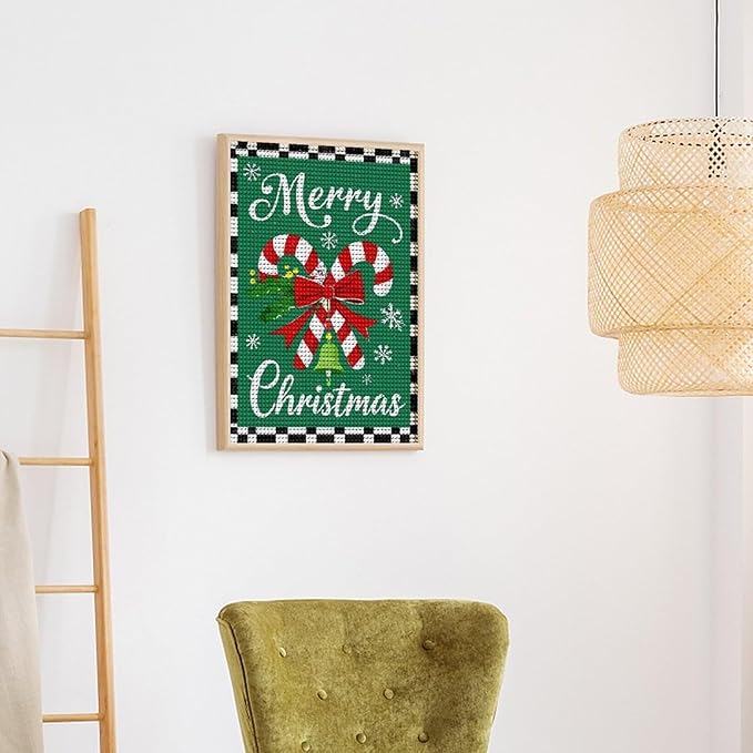 AIVKIEJK Diamond Painting Kits for Adults - Festive Merry Christmas Red Bow, Candy Cane & Bell Painting DIY 5D Full Drill Diamond Dots Paintings with Diamonds Gem Art and Crafts Home Decor 12"x16"