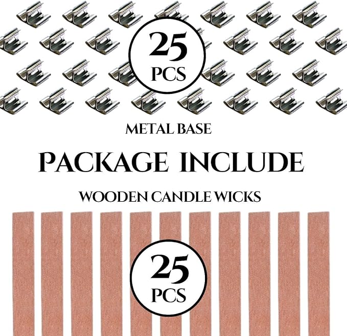 50PCS Wicks Wooden Set for Candles – 25PCS Candle Wicks with 25PCS Metal Base for Candlescience DIY Supplies