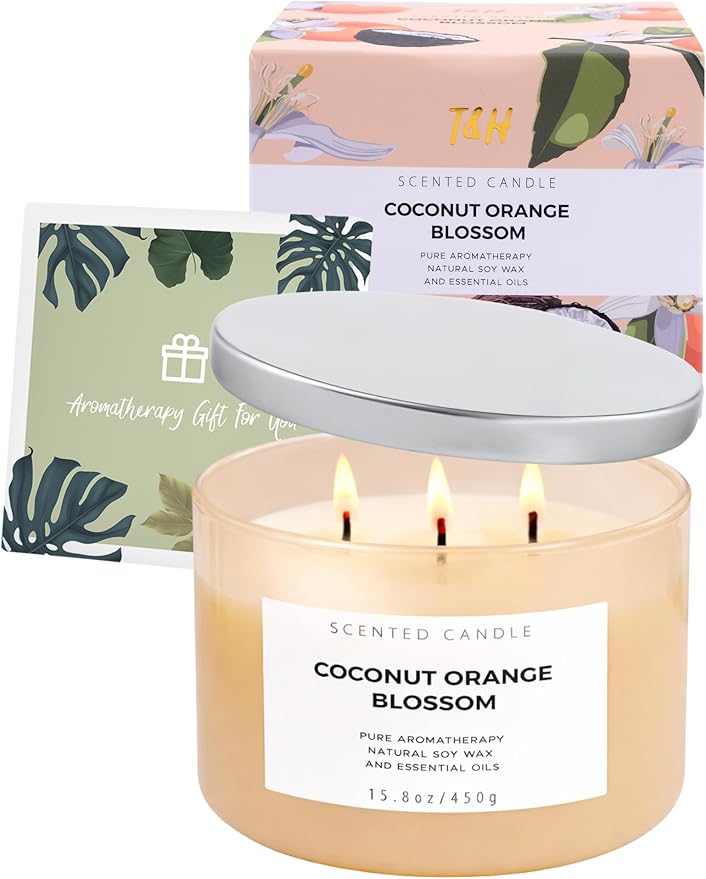 Coconut Orange Blossom Scented Candle - Large 3-Wick Aromatherapy Soy Candle, 15.8 oz - Highly Scented, Clean Burning, Long Lasting Home Fragrance Gift for Women & Men