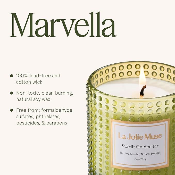 LA JOLIE MUSE Starlit Golden Fir Candle - Cedarwood, Patchouli, Fir Balsam | 10 oz Natural Soy Wax | 55 Hours Clean Burn | Fresh Scent Candles | Gift-Ready for Hosts & Gatherings