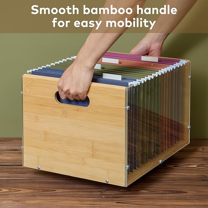 Sbanmao Letter/Legal Bamboo Acrylic File Box Organizer, Hanging File Folder Storage Boxes, Decorative Document Crate Transparent Filing Bin with Handle for Home Office Desk