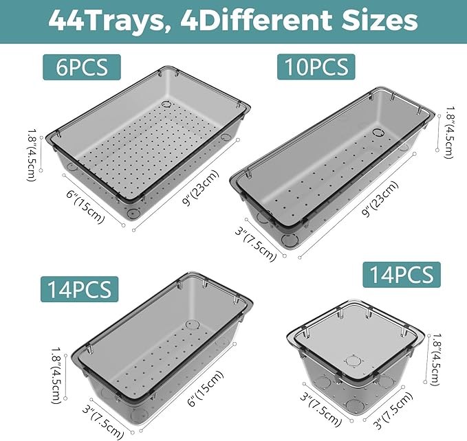 WOWBOX 44 PCS Clear Plastic Drawer Organizer Set, 4 Varied Size storage Bins and Desk Drawer Organizer tool Trays for Makeup, Gadgets, Jewelry and Utensils in Bathroom, Bedroom and Office, Clear Black