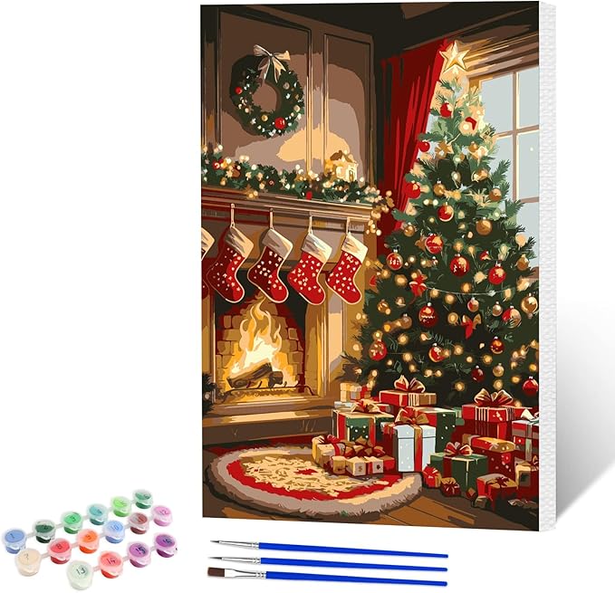 NAIMOER Christmas Tree Fireplace Paint by Numbers Kits for Adults Beginner with Wooden Framed, Color by Numbers on Canvas Painting Kits, Easy Paint DIY Acrylic for Home Wall Decor 8X12 Inch