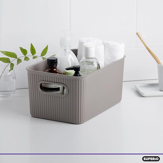 Superio Ribbed Collection - Decorative Plastic Basket Open Home Storage Bins Organizer, Medium Taupe (1 Pack) Container Boxes for Organizing Closet Storage Bins for Shelves Drawer Shelf 5 Liter