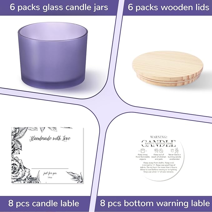 6 Pack Glass Candle Jars with Lids (16oz, Frosted Purple) - Large Candle Jars for 3 Wick Candles Making - Empty Candle Jars Containers - Candle Making Accessories include 16Pcs Candle Labels