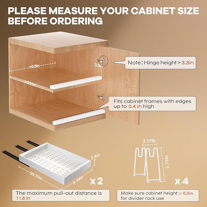 Seinloes 2 Pack Pull out Cabinet Organizer 21" Deep With Raising Pad for Framed Cabinets, Expandable Slide out Drawers for Kitchen Cabinets with 4pcs Divider Racks, Roll out Shelves 9"-14" W White