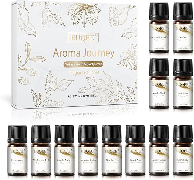 EUQEE 12pcs Fragrance Oils Gift Set, Premium Essential Oils Set for Diffuser, Candle, Soap Making, Travel, with Amber, Coconut&Vanilla, Fresh Linen, Leather, Forest Pine, Gift Set for Women and Men