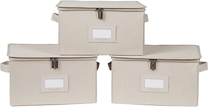 Covermates Keepsakes Zip-Top Storage Box Set, 3 Pack Heavy Duty Polyester Organizer Bins, Stackable Design, ID Window, Reinforced Handles, Closet Home Storage, Beige Heather