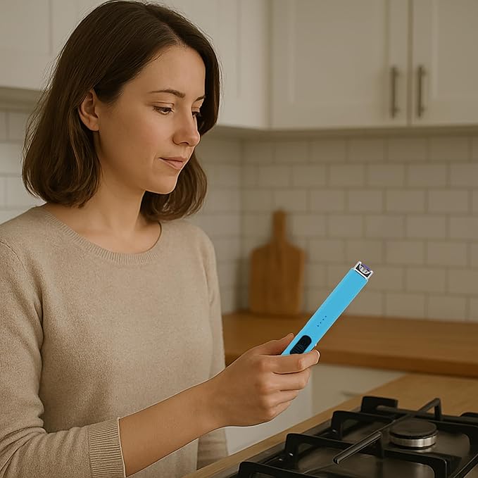 FIGHTSENSE USB Rechargeable Candle Lighter,Plasma Arc Windproof Flameless Long Electric Lighter with Safety Switch,LED Battery Display,Used for BBQ Fireplace,Camping,Stove Kitchen (Blue)