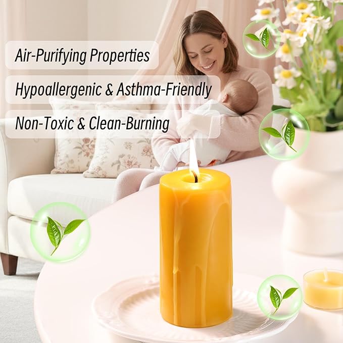 6pcs Natural Beeswax Pillar Candles 2x4inch, Hand-Dripped Pure Beeswax Candles with 210 Hours Long Burning, Dripless Smokeless Organic Pillar Candles for Home Decor, Emergency, Prayer