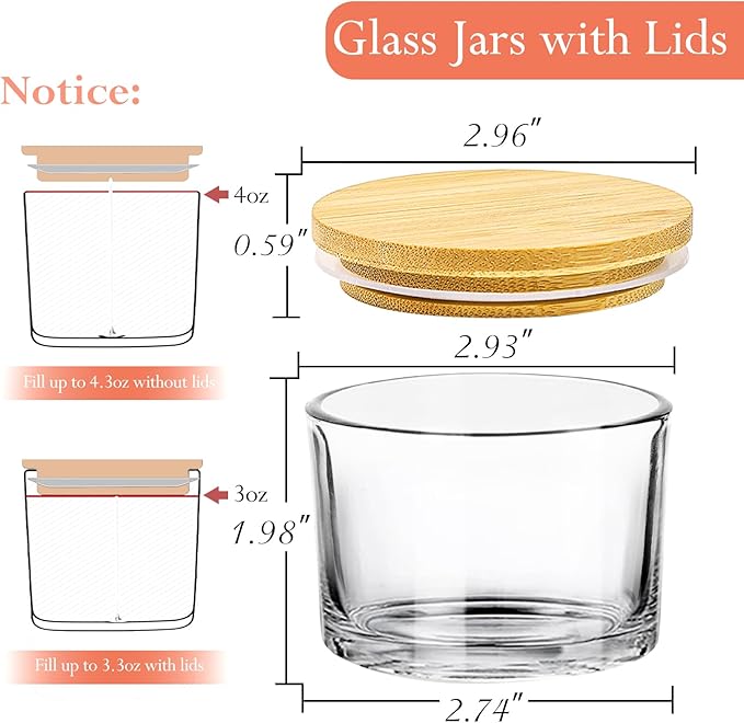 CONNOO 15 Pack 4 OZ Clear Glass Candle Jars with Airtight Bamboo Lids for Making Candles, Bulk Small Wide Mouth Empty Candle Containers with Sticky Warning Labels - Dishwasher Safe