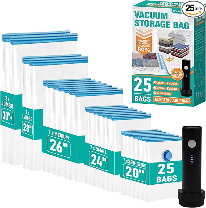 Travel Vacuum Storage Bags with Rechargeable USB Air Pump, Space Saver Vacuum Seal Bags for Luggage, Sealer Compression for Clothes, Comforters, Blankets, Bedding, 25 Combo