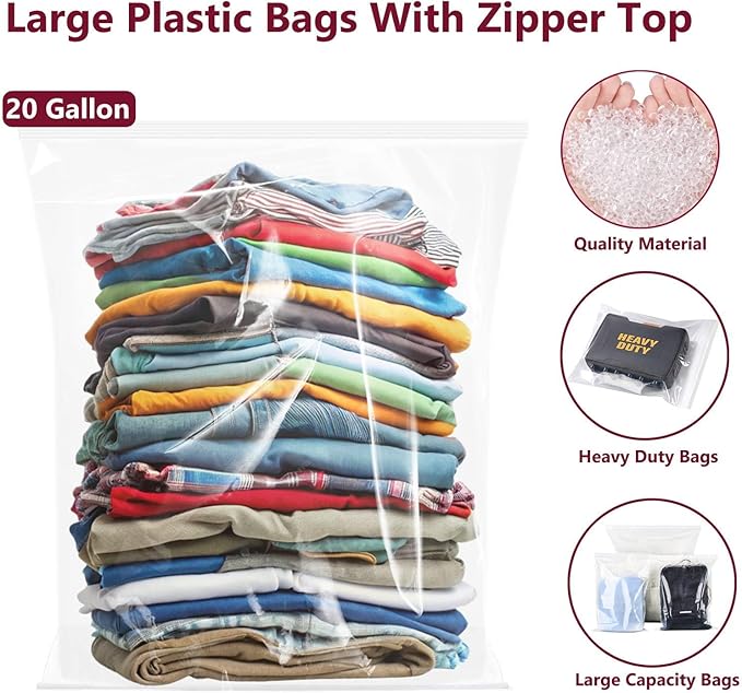 Extra Large Plastic Bags With Zipper Top, 24x32in,3-Mil Thick,5 Pack,Storage Bags for Clothes,Travel, Moving, Reusable,Heavy-Duty,BPA-Free, Clear Plastic