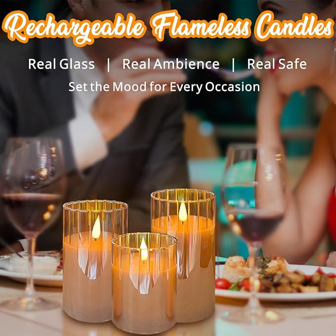 Rechargeable Flameless Candle, Flashing LED Pillar Real Wax Candle with Remote Control and Timer, Gold Stripes Glass Electronic Candles for Room Decoration, 1 Set of 3