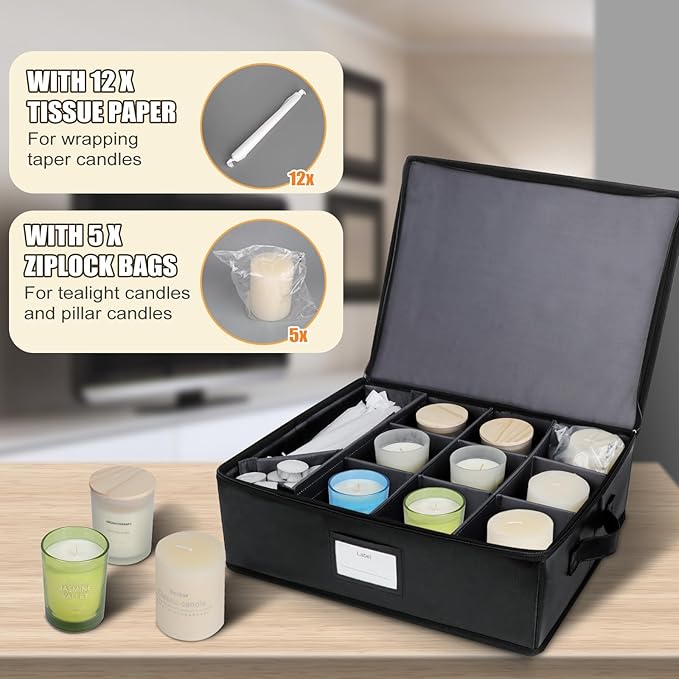 Fireproof Candle Storage Organizer Box (Set of 2) with Dividers, Tissue Paper and Ziplock Bags Protects 12 Aromatherapy Candles, Jar Candles, Taper Candles, Pillar Candles, Tealight Candle and Candles