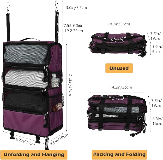 TABITORA Travel Luggage Organizer Hanging Packing Cubes Portable Hanging Shelves Carry on Closet for Suitcase with 2 Hooks,Collapsible(Purple,M)