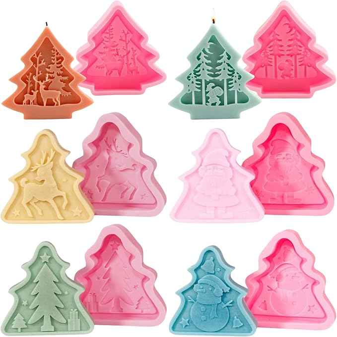 6pcs Christmas Tree Shaped Silicone Mold Set, Atarvana Relief Style Christmas Molds with 10pcs Candle Wick for Soap Candle Making -Christmas Trees, Santa Claus, Reindeer, Snowman