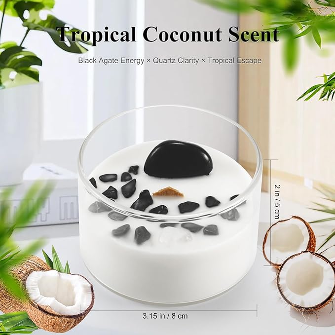 Premium Coconut Scented Soy Candles with Crackling Wood Wick & Real Crystals Inside, 55-Hour Burn Non-Toxic Aromatherapy Home Scented Candle Gifts for Women, Mom, Birthday (7oz)