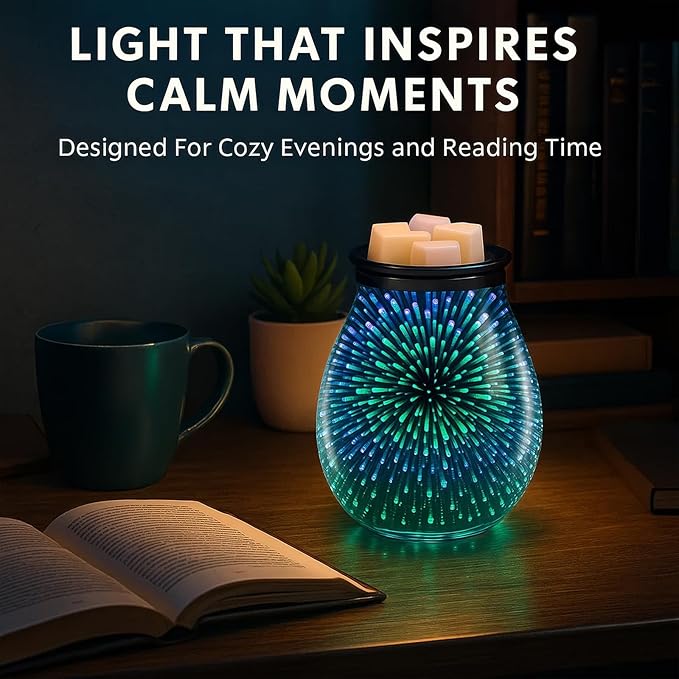 Leyoue 3D Glass Fireworks Electric Wax Melt Warmer with PTC Heating Plate Reusable Silicone Tray 7 Colors LED Changing Light Wax Burner Melter Fragrance Warmer for Home (3D)
