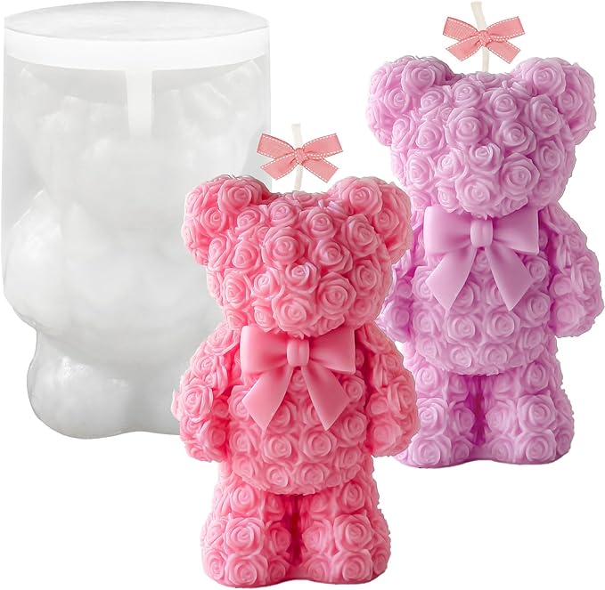 Standing Rose Bear Silicone Molds, Rose Teddy Bear Molds for Candles Making Handmade Soap Epoxy Resin Casting Home Decor Valentine/Mothers Day/Wedding/Anniversary/Birthday Gifts