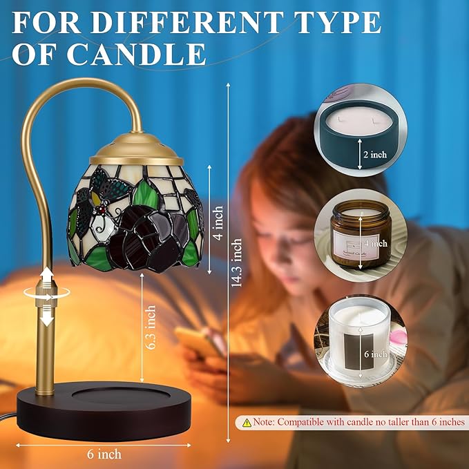 Candle Warmer Lamp with Timer Dimmer, Butterfly Tiffany Style Stained Glass Candle Lamp Warmer, Adjustable Wax Melt Warmer with 2 Bulbs for Small Jar Candles Valentine Birthday Gifts for Women