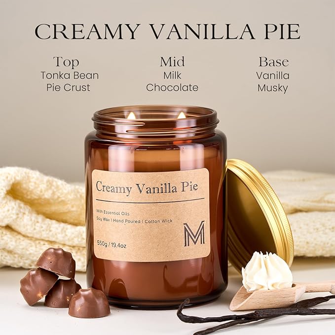 M&SENSE Creamy Vanilla Pie Scented Christmas Candle Gift | 19.4oz, 115-Hour Burn | Natural Organic Soy Wax | Long-Lasting for Stress Relief and Gifting | for Christmas, Thanksgiving, Holiday