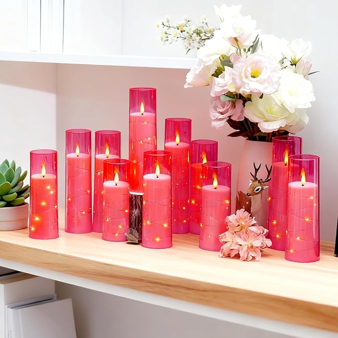 Sasigeiaa Flameless Candles with Embedded Star String - Battery Operated LED Candles, with Remote,12 Pink Flickering Candles for Christmas, Weddings, Home Decor & Party,(D 2.3"×H 5" 6" 7")
