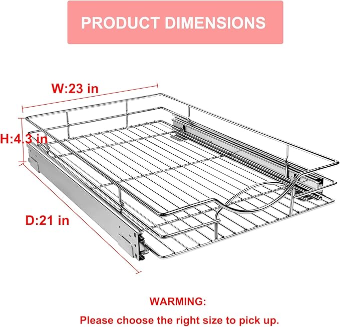 Sikarou Pull Out Cabinet Organizer 23" W x 21" D, Heavy Duty Kitchen Cabinet Pull Out Shelves, Slide Out Wire Basket for Kitchen Cabinets, Bathroom, Pantry, Chrome Finish