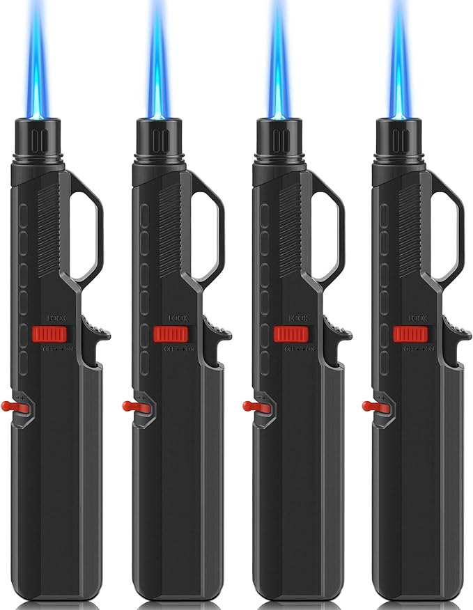 Samniu 4 Pack of Torch Lighter, Windproof Adjustable Jet Flame, with Safety Lock, Long Refillable Butane Torch Lighters for Grill, Camping, Candle, Stove (NO Gas)
