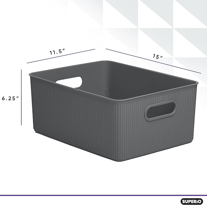 Superio Ribbed Collection - Decorative Plastic Basket Open Home Storage Bins Organizer, Large Grey (1 Pack) Container Boxes for Organizing Closet Storage Bins for Shelves 15 Liter/16 Quart