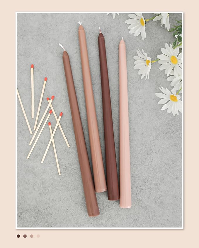 Viyffo Brown Taper Candles 4 Pack Unscented 12 Inch Tapered Candle Sticks 8 Hours Burn Time Smokeless, Household, Wedding, Party, and Home Décor Candlesticks