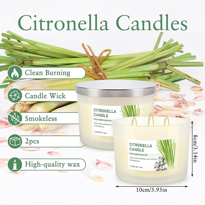 Citronella Candle Set of 2, 14oz Frosted Jar Triple-Wick, Clean & Smokeless for Outdoor Patio, Garden, Deck, Porch Ambiance with Natural Citronella Scent