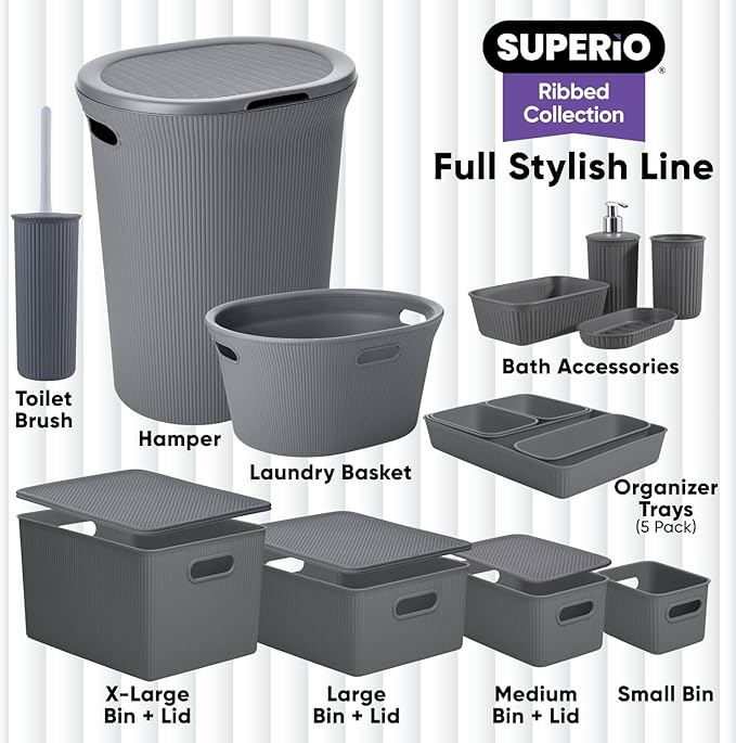 Superio Ribbed Collection - Decorative Plastic Basket Open Home Storage Bins Organizer, Medium Grey (1 Pack) Container Boxes for Organizing Closet Storage Bins for Shelves Drawer Shelf 5 Liter