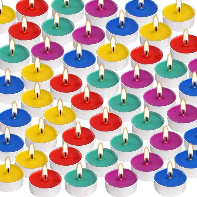 50 Pack Colored Tealights Candles - 4 Hour Burn Time Unscented Smokeless Tealight Candles for Home Decor, Parties, Weddings, Rituals