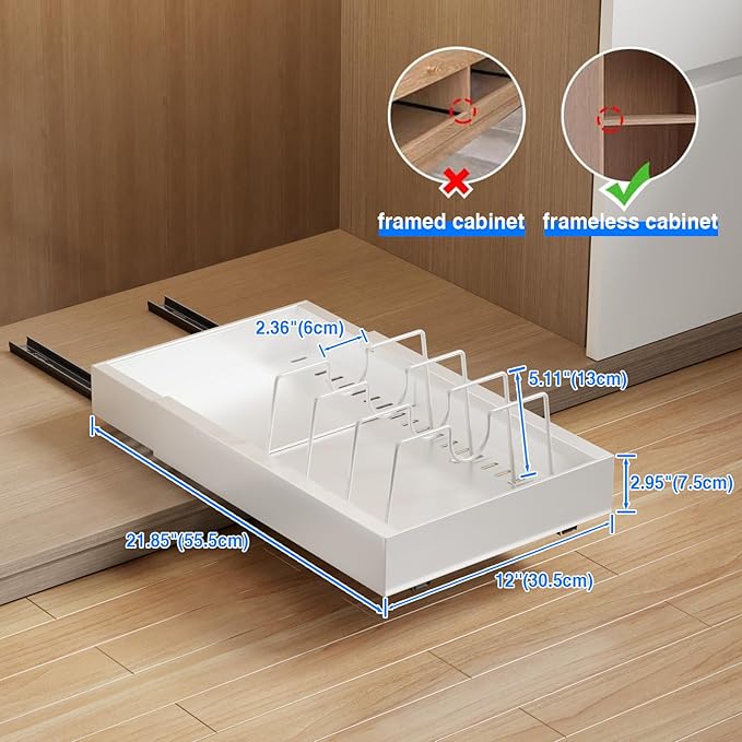 2 Pack Pull Out Cabinet Organizer with 8 Dividers,21.8" Deep Slide Out Drawers for Cabinets Adhesive Pull Out Drawers Heavy Duty Pull Out Shelves for Kitchen, Cupboard, Pantry, Bathroom-White