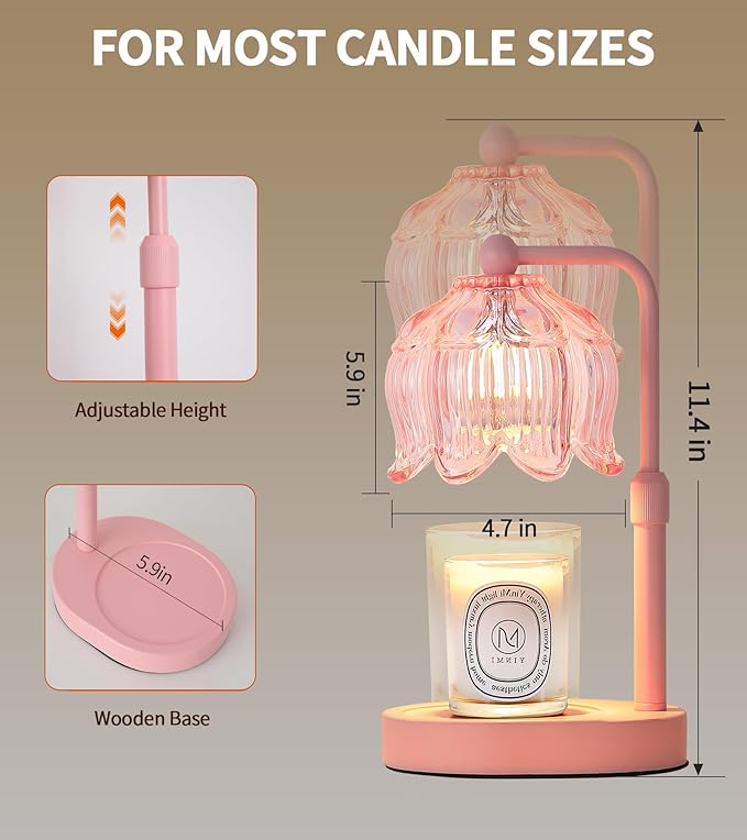 MEIXISUE Pink Flower Candle Warmer Lamp with Timer Dimmer, Adjustable Height No Flame Wax Warmer for Jar Candles, Ideal Gifts for Mom Women, ‌Housewarming New Home Bedroom Decor with 2 Bulbs
