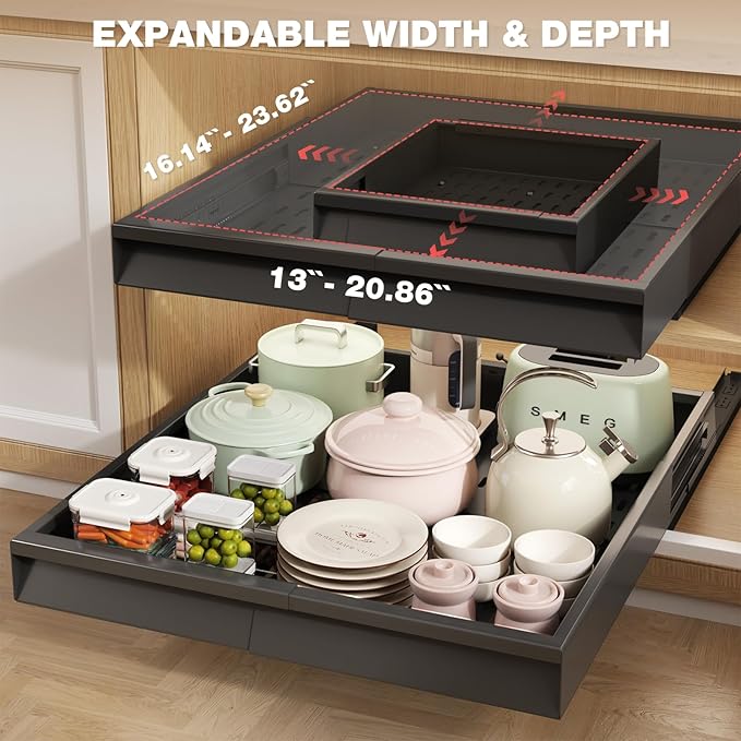 4 Pack Pull Out Cabinet Organizer With Raising Pad for Framed Cabinets,Expandable Width (13"-21") and Depth (17"-24"),3 Slide Rails Slide Out Drawers with Handle,No-Drill Roll Out Shelf,Black