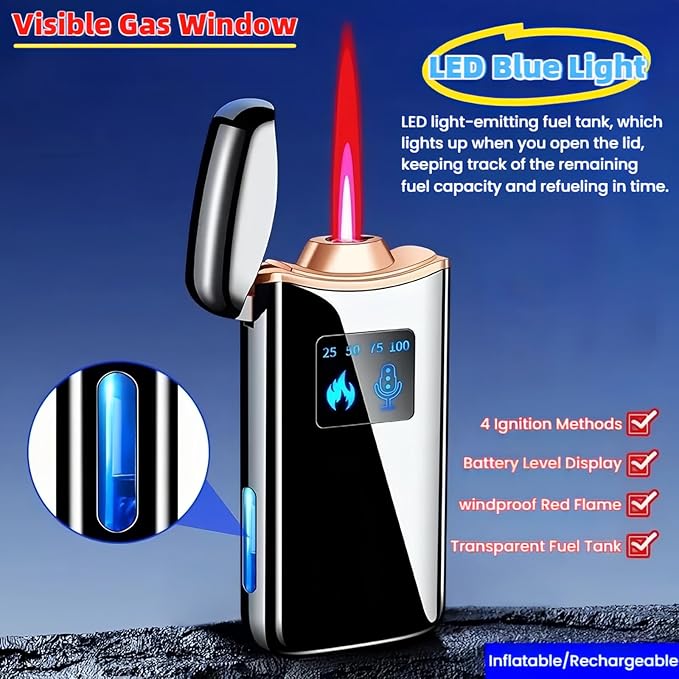 Smart Butane Lighter, Voice-Activated Sensor Torch Lighter with 4 Ignition Modes, Windproof Red Flame Refillable Lighters (Without Fuel) (Black Ice)