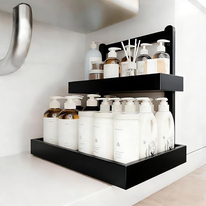 2-Tier Under Sink Pull Out Organizer, Bamboo Cabinet Storage Shelf with Adjustable Height, Slide Out for Kitchen Bathroom Pantry Black