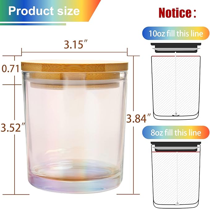 CONNOO 12 Pack 10 OZ Iridescent Glass Candle Jars for Making Candles with Airtight Bamboo Lids Nice Sticky Warning Labels for Candle Making Empty Container Bulk - Dishwasher Safe