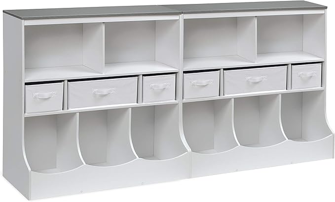Badger Basket Combo Toy Storage Organizer and Bookshelf - Kids Storage Unit with 3 Removable Baskets, Open Shelves, Top Display Surface - White/Gray
