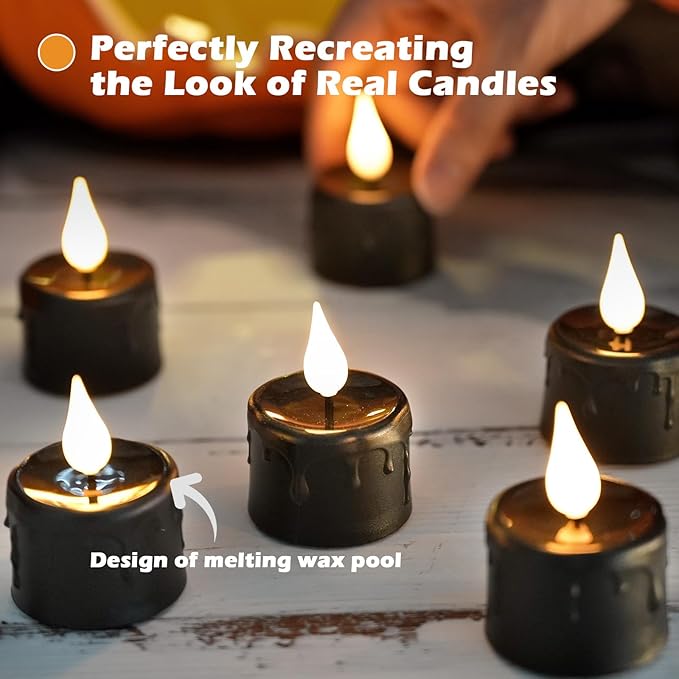 FPOO Halloween Black Tea Light Candles, 12 Packs Rechargeable LED Tea Lights, Small Pumpkins Lights Flameless Fake Candles, Electric Candle Halloween décor (Build in Timer)
