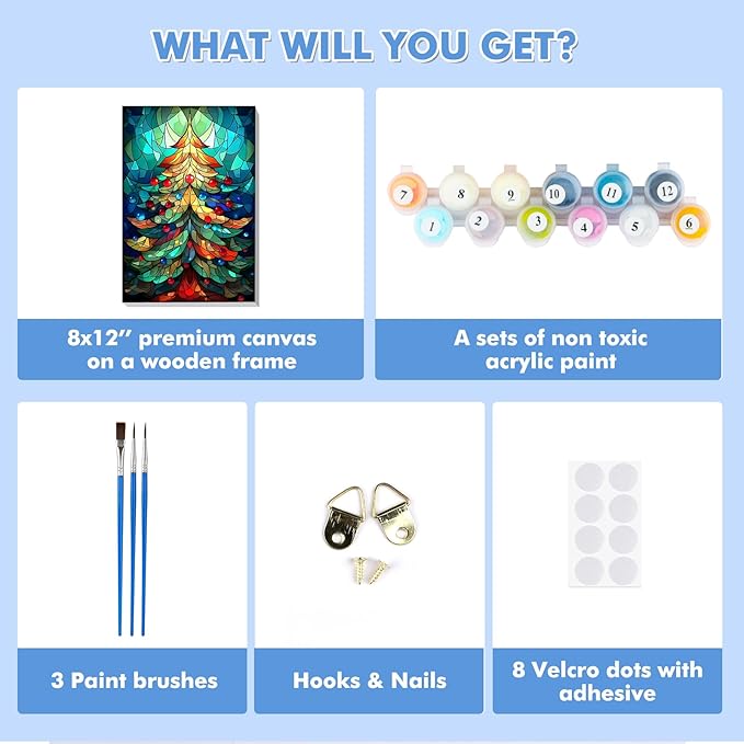 Bowetile Christmas Paint by Numbers for Adults Beginners Framed, Adults' Paint-by-Number Christmas Tree Kits on Canvas, Acrylic Number Painting Christmas Gifts for Home Wall Decor, 8x12in