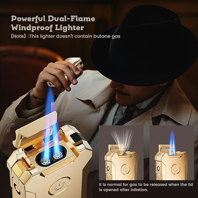5-in-1 Torch Lighter with Tool, Holder, Punch, Draw Enhancer Tool, Double Jet Flame, Windproof Lighters, Gifts for Men, Rechargeable and Refillable Butane Lighter, Cool Lighters for Men Candles (Gold)