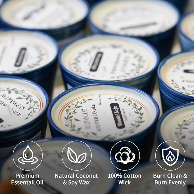 Luxury Textured Ceramic Jar Scented Candle | Non Toxic 100% Natural Coconut & Soy Wax Blend Cotton Wick | 5.2oz | Hand Poured Highly Scented Long - Lasting | Women & Men | (Wooded Sage)