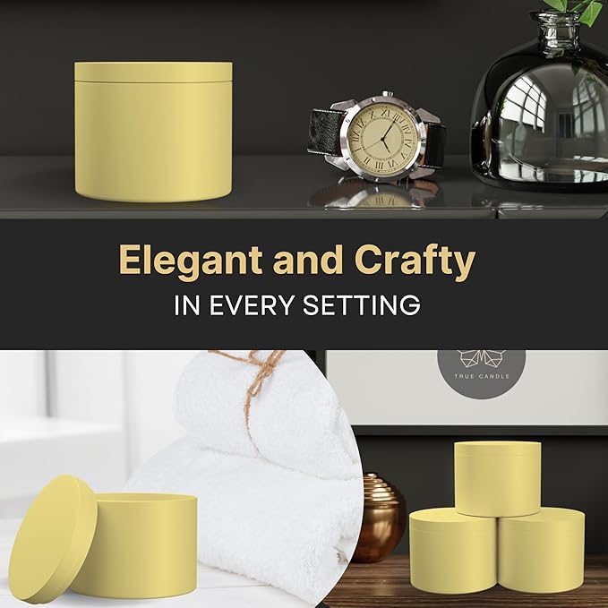 True Candle Tins for Making Candles - 24 Pack of 4 oz Black Candle Containers Bulk 4oz - Empty tins with lids for Candles - Premium Metal Jars, DIY Vessels | Painted Outside and Inside | Yellow