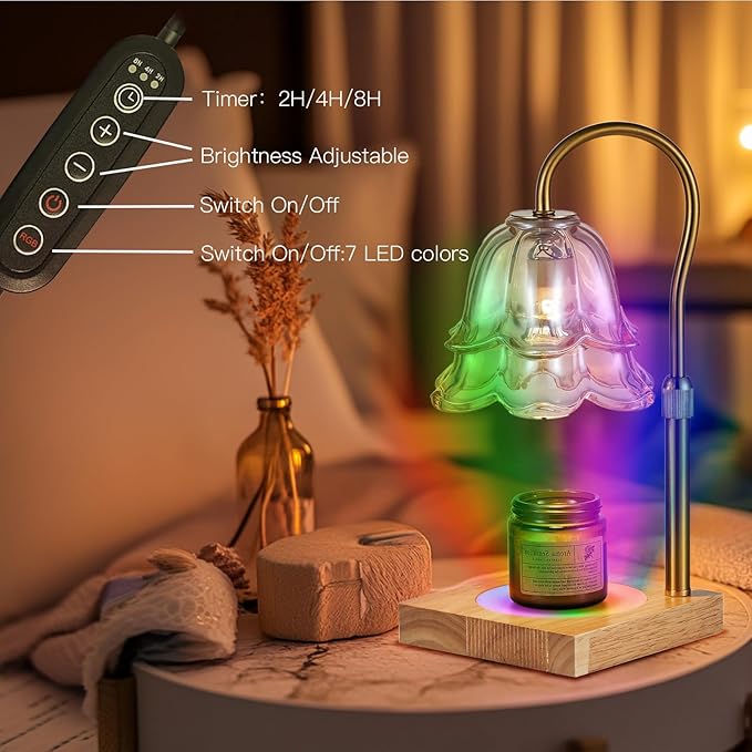 Candeldo Candle Warmer Lamp with Timer: 7 Colors LED Changing Flower Candle Warmers with 2 Blubs Dimmable Wax Melt Home Decor Birthday Mom Birthday Gift for Women