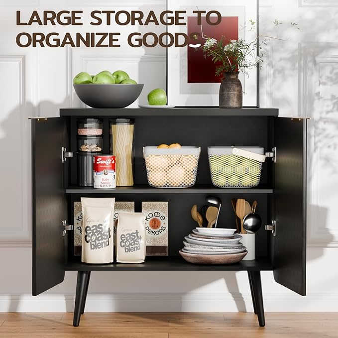 Sideboard Buffet Cabinet with Storage, Modern Fluted Accent Credenza with 2 Doors, Buffet Media Console Entryway Cabinets with Adjustable Shelves for Living Room Dining Room Hallway, Black
