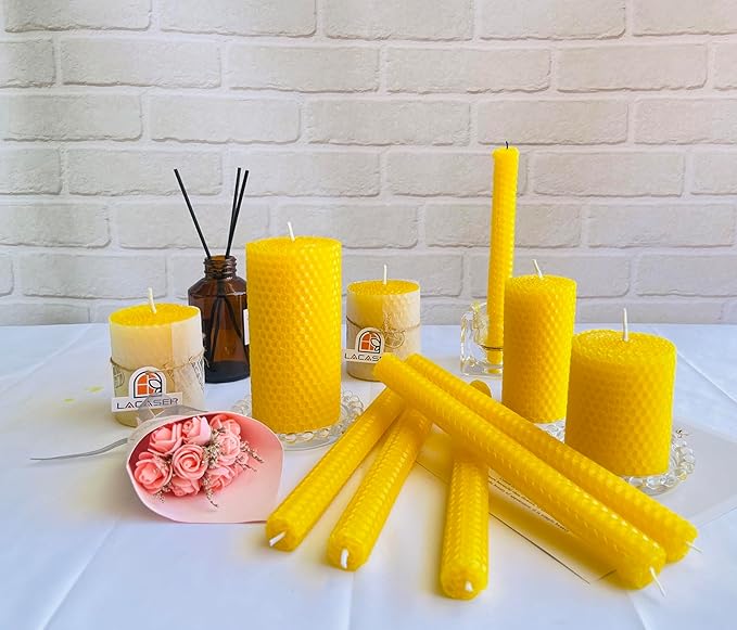 Lacaser Beeswax Tapered Candles Yellow 12pcs, 6 Pairs Unscented candlesticks Set, 9" Long, Natural Beeswax Sheet Handrolled, Burning Time 4 Hours, for Dinner Table Decoration